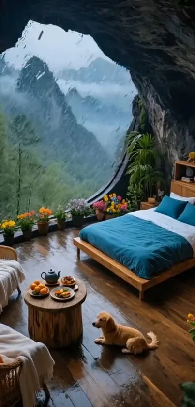 Cozy cave bedroom with nature view.