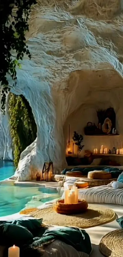 Cozy cave by the sea with candles and seating.