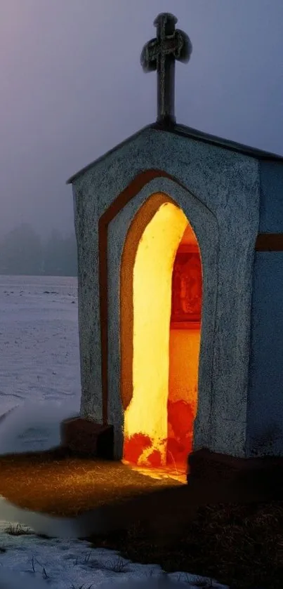 Warmly lit chapel in a snowy winter night scene, exuding tranquility.