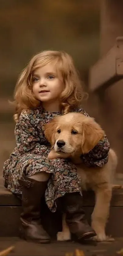 Young girl in floral dress sitting with a puppy on wooden steps.