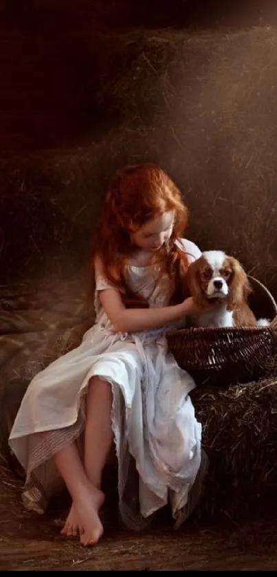 A young girl sitting with a puppy in a cozy, rustic setting.