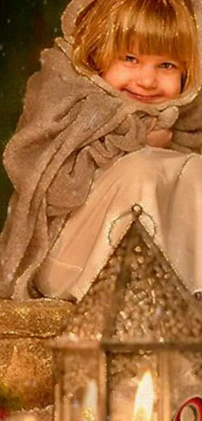 A child wrapped in a shawl sits by a candle with golden festive decor.