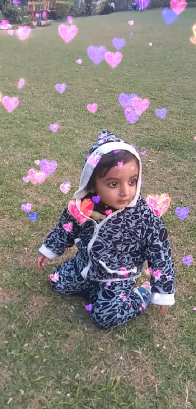 Child in cozy attire sitting on grass in park.