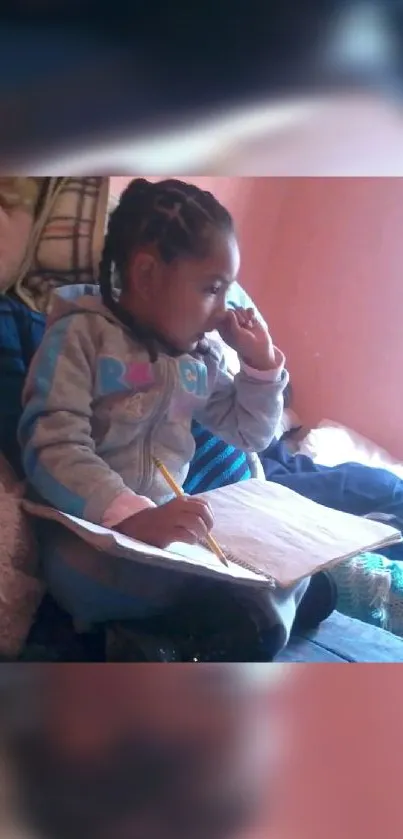 Child relaxing with a book in a cozy pink and beige room.