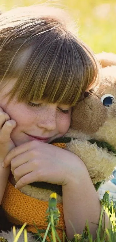 Girl hugging teddy bear in sunlit field.