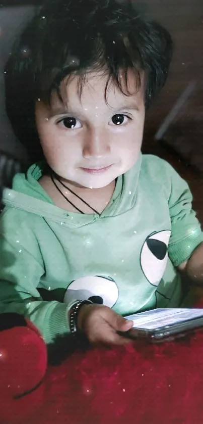 Child in green hoodie holding a phone, sitting on a red bed.