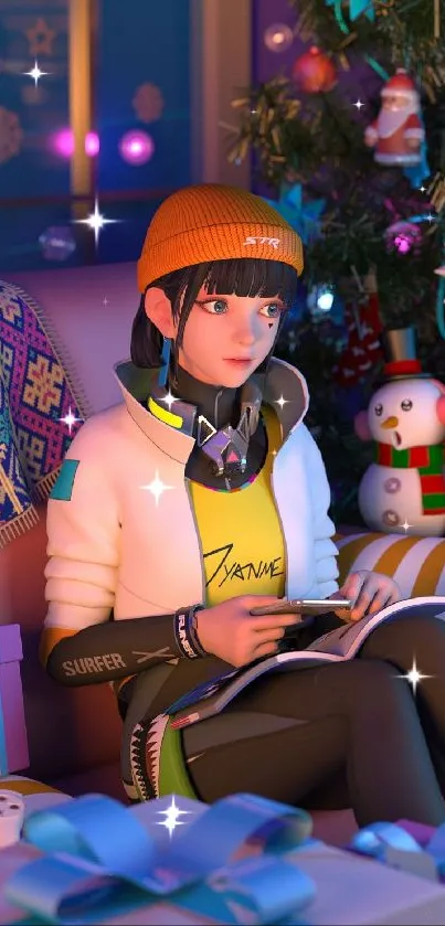 Anime girl in cozy Christmas setting with holiday décor and gifts.