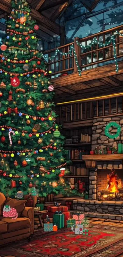 Cozy Christmas cabin with tree and fireplace.