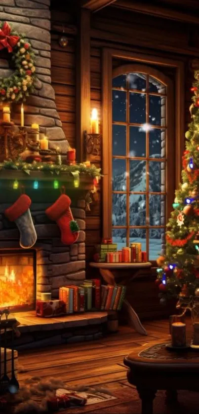 Cozy Christmas cabin with tree and fireplace.