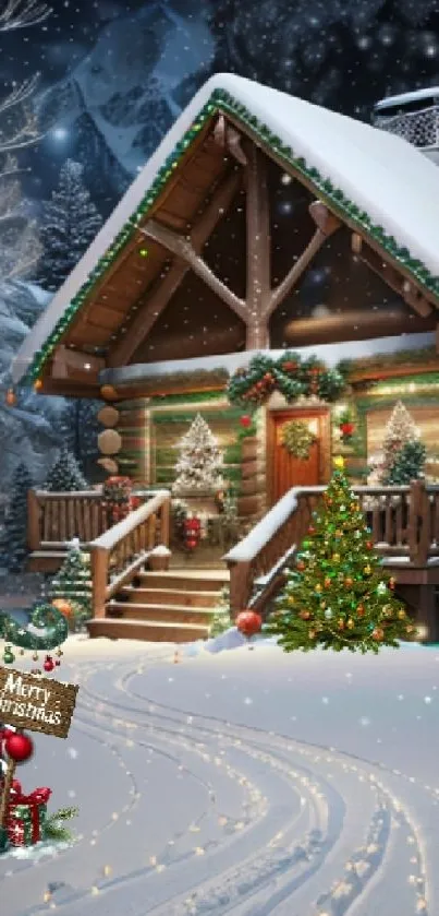 Snow-covered cabin with Christmas decor and snowy trees.