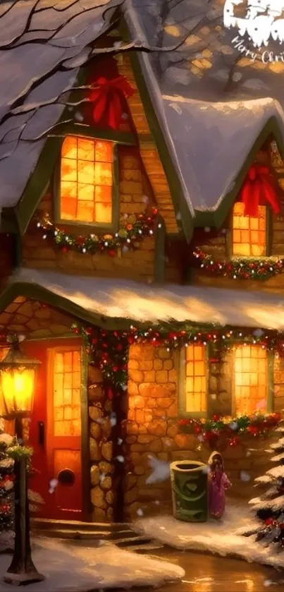 Illustration of a snowy Christmas cottage with festive decorations.