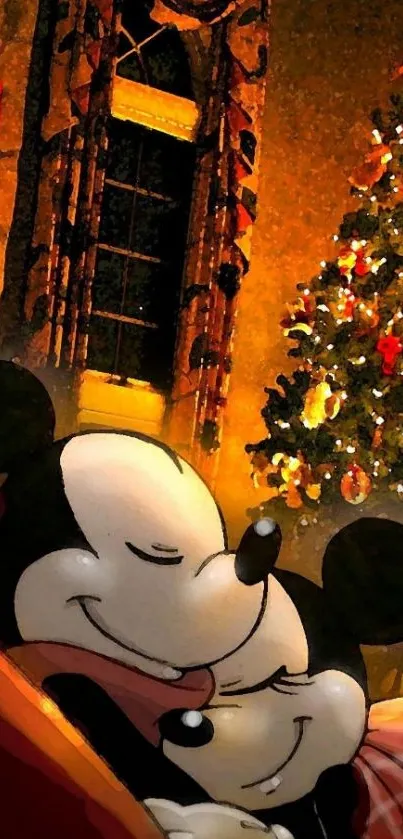 Cartoon characters snuggling by a Christmas tree, golden brown hues.