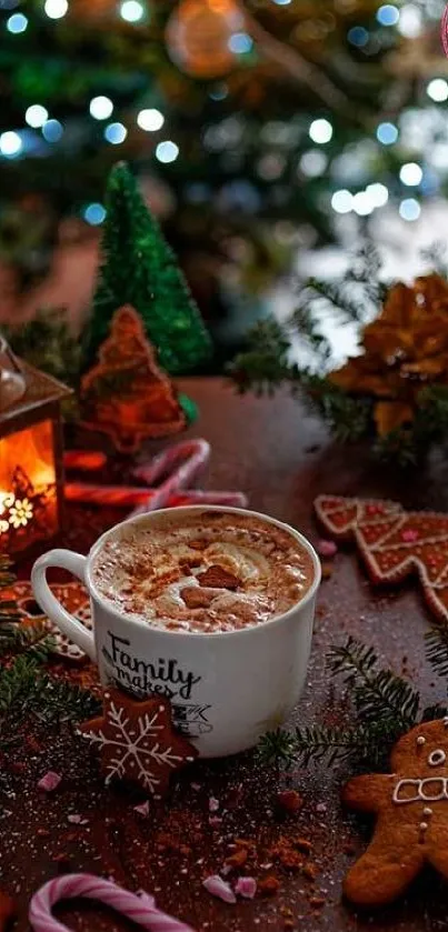 Holiday scene with coffee and gingerbread cookies.