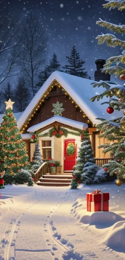 Snow-covered Christmas cottage with lights and trees.