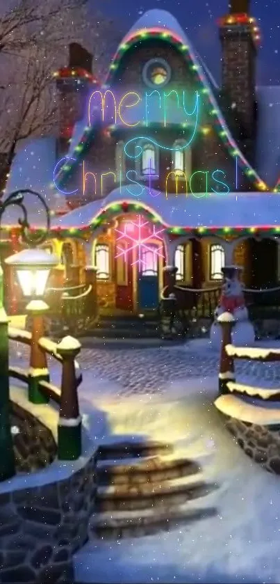 Festive Christmas cottage with lights and snow.