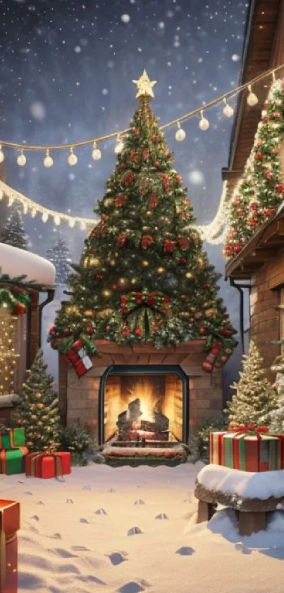 Cozy Christmas courtyard with a lit fireplace, tree, and festive decorations.