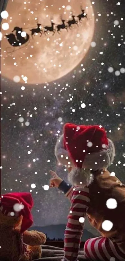 Child and bear gaze at moon in festive cozy scene.