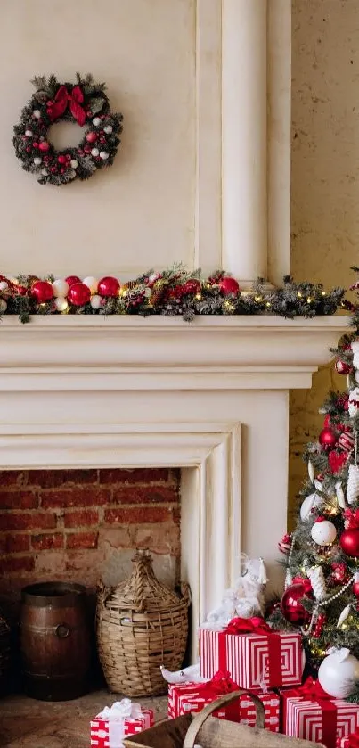 Cozy Christmas fireplace with decorated tree and gifts.