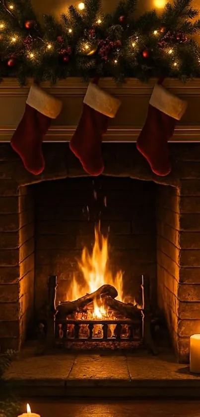 Cozy Christmas fireplace with stockings and candles.