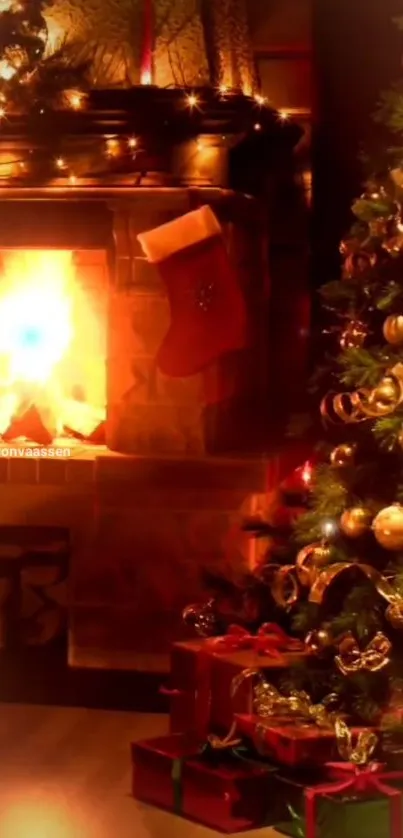 Cozy Christmas fireplace with tree and presents, spreading holiday cheer.