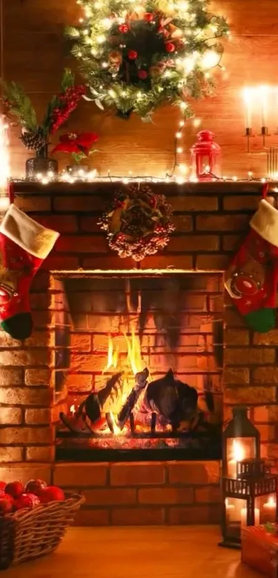 Cozy Christmas fireplace with stockings and lights.