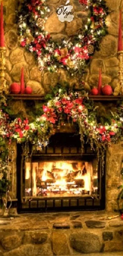 Cozy Christmas fireplace with festive wreaths and glowing holiday decorations.