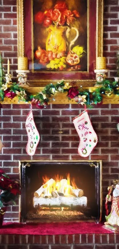 Cozy fireplace with Christmas stockings and a warm, glowing fire.