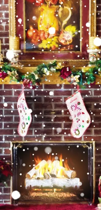 Festive Christmas fireplace with stockings, garland, and warm fire.