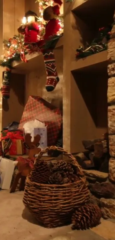 Festive Christmas fireplace with stockings and gifts.