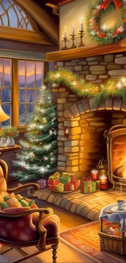 Cozy festive room with fireplace and decorations.