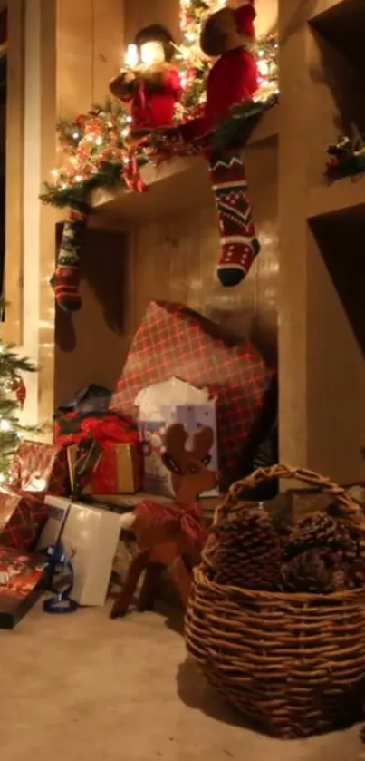 Cozy Christmas scene with gifts and stockings by the fireplace.