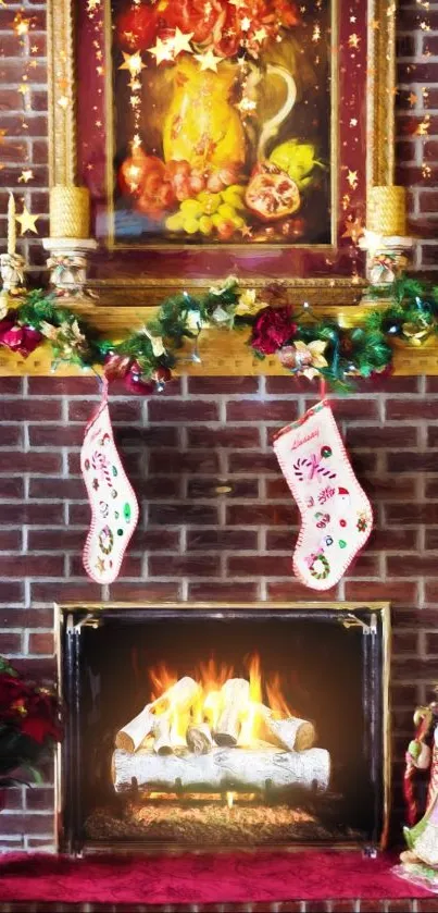 Warm Christmas fireplace with stockings and seasonal decorations.