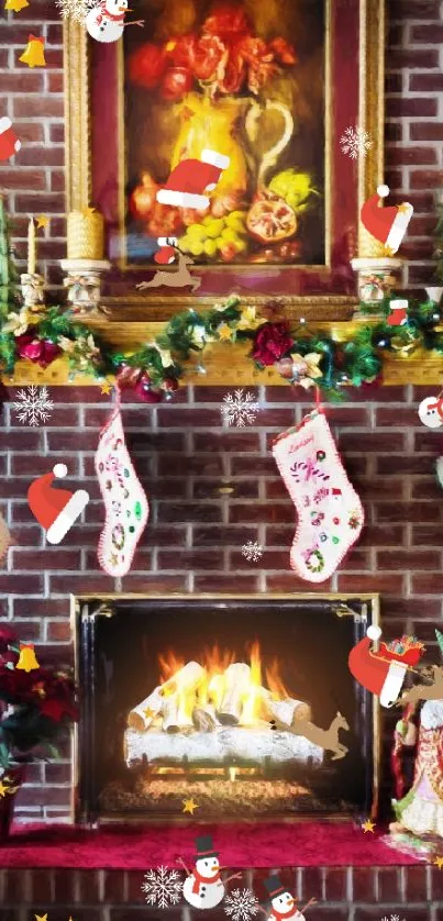 Cozy Christmas fireplace with stockings and festive decor.