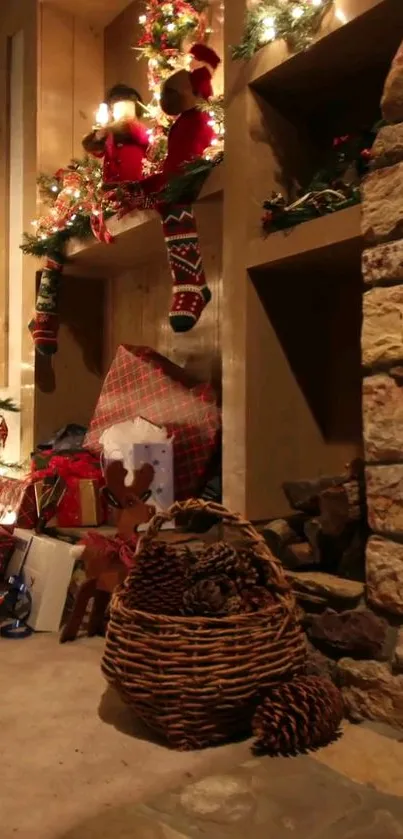 Cozy Christmas fireplace scene with festive decor and pinecones.