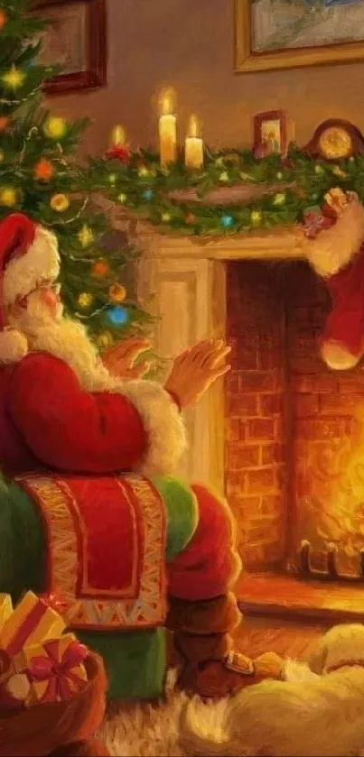 Santa sitting by a cozy fireplace, surrounded by Christmas decorations.