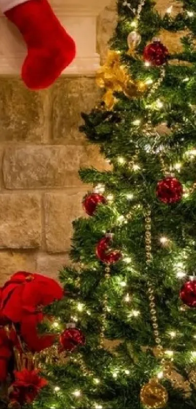 Cozy Christmas fireplace with stockings and holiday decor.