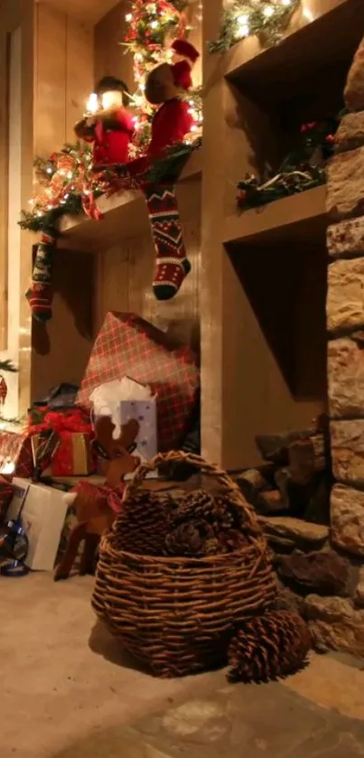 Cozy fireplace adorned with Christmas decor.