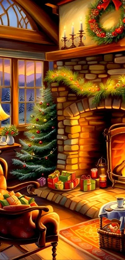 Cozy Christmas living room with fireplace and tree.