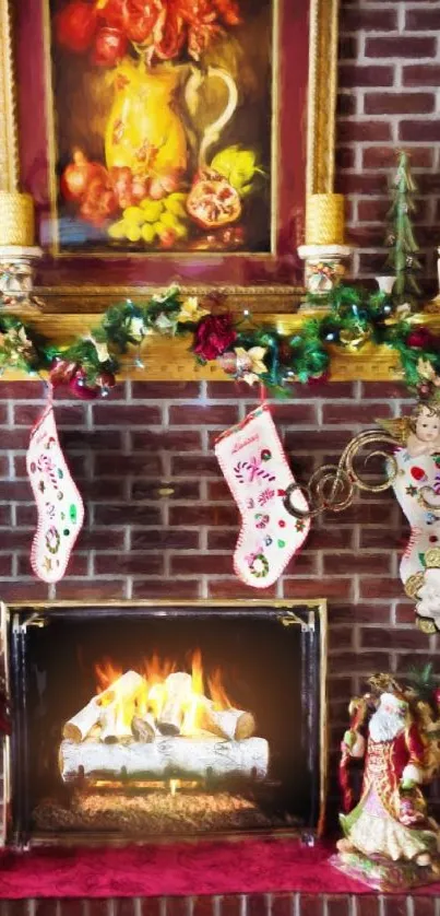 Festive Christmas fireplace with stockings and decorations for mobile wallpaper.
