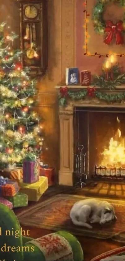 Cozy Christmas scene with fireplace and tree.