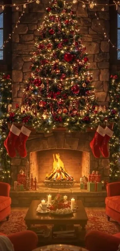 Cozy Christmas living room with decorated tree and fireplace.