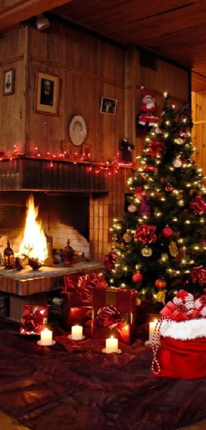 Cozy Christmas scene with fireplace and tree.