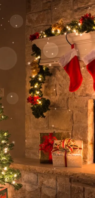 Cozy holiday scene with Christmas tree and fireplace.