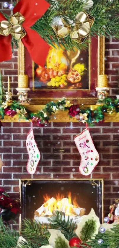 Cozy fireplace with Christmas stockings and festive decor.