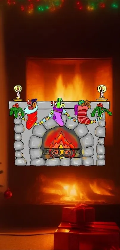 Cozy fireplace with Christmas stockings and gifts, perfect holiday wallpaper.