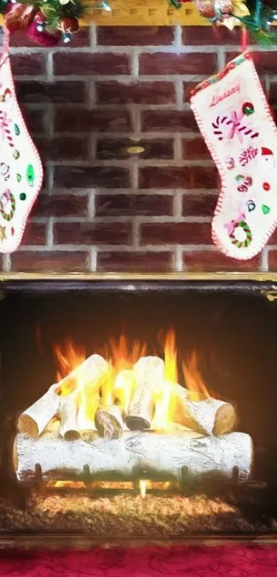 Cozy Christmas fireplace with stockings and festive decor.