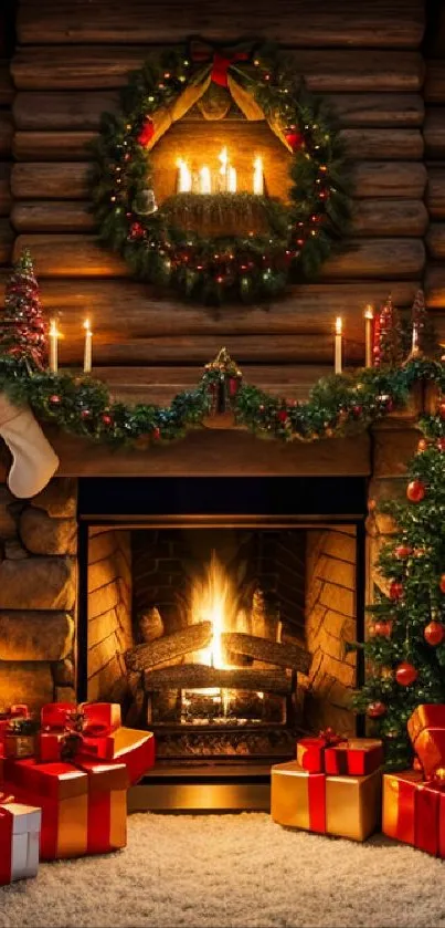 Cozy fireplace aglow in a festive log cabin with Christmas tree and gifts.