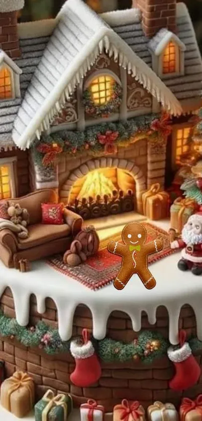 A cozy gingerbread house with Santa and Christmas decor creates a festive ambience.