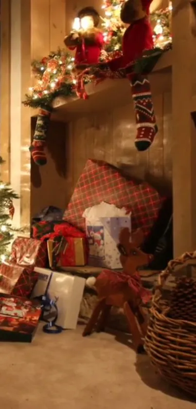 Festive Christmas fireplace with decorations and presents.