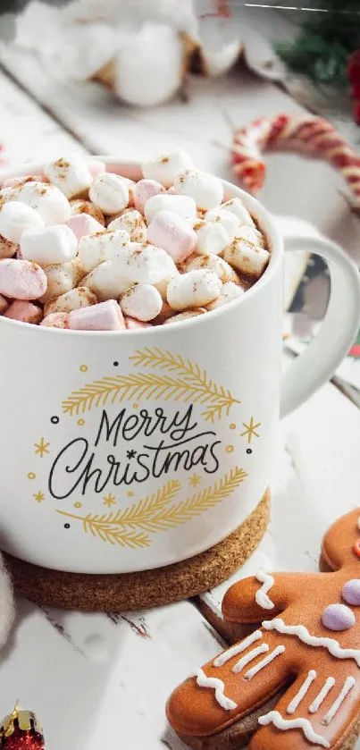 Christmas mug with hot chocolate, marshmallows, and gingerbread.